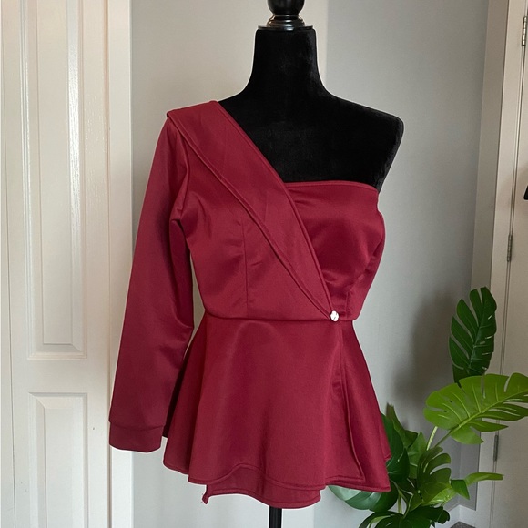 Wine Red One Shoulder Long Sleeve Top - Picture 1 of 3